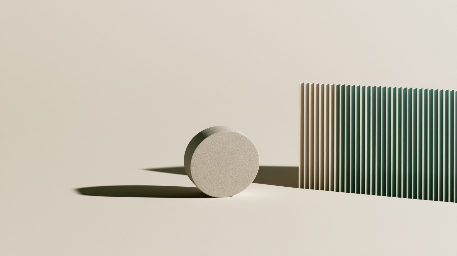 ARR is not revenue: a single solid disc standing upright and casting one long shadow, beside a row of thin vertical fins receding into the distance, one object measured at a single instant and a series of slices laid out across time