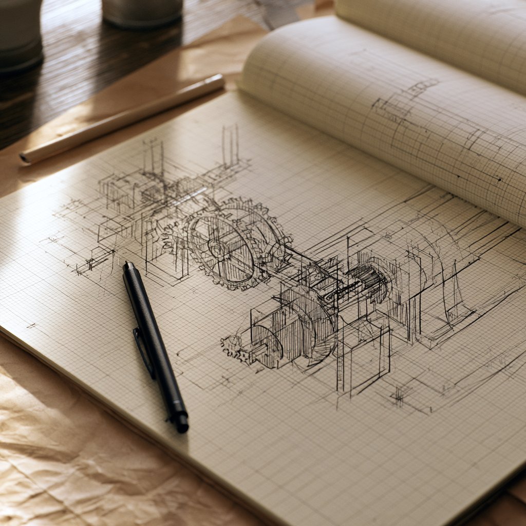 Modelling a manufacturer: a pen resting on an engineering sketch drawn in fine ink on graph paper, gears, shafts and machine housings in isometric projection, with rolled technical drawings beside it