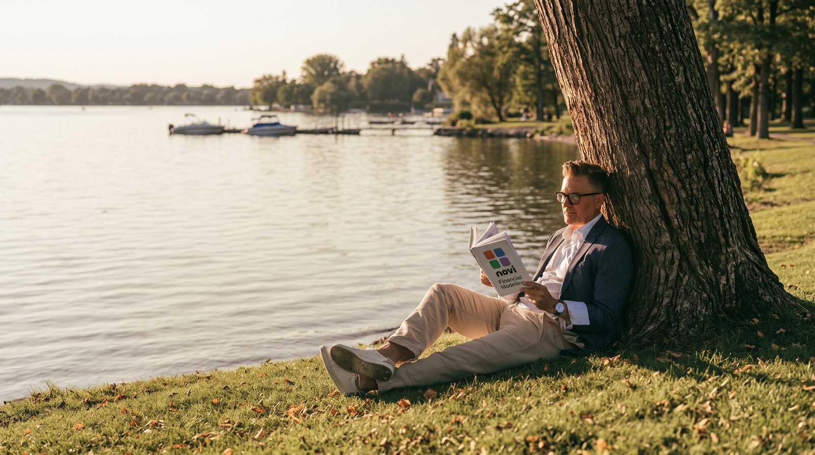 A man in a blazer and glasses sits on the grass with his back against a large tree at the edge of a lake in late-afternoon sun, reading a book titled Novi Financial Modelling, with boats moored at a jetty across the water.