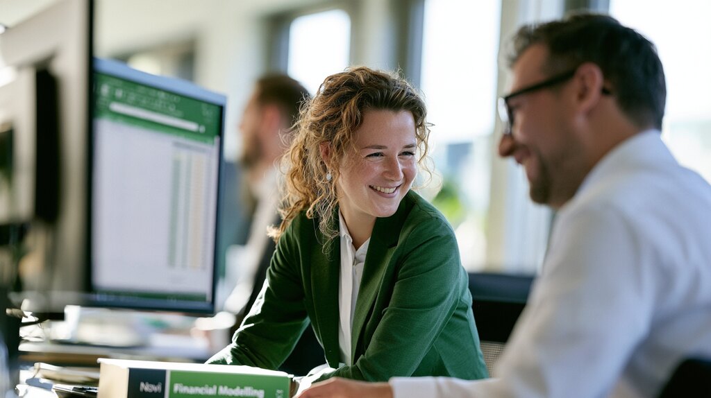A smiling analyst in a green blazer leans over a desk towards a colleague, with a spreadsheet open on the monitor behind her and a book titled Novi Financial Modelling on the desk.