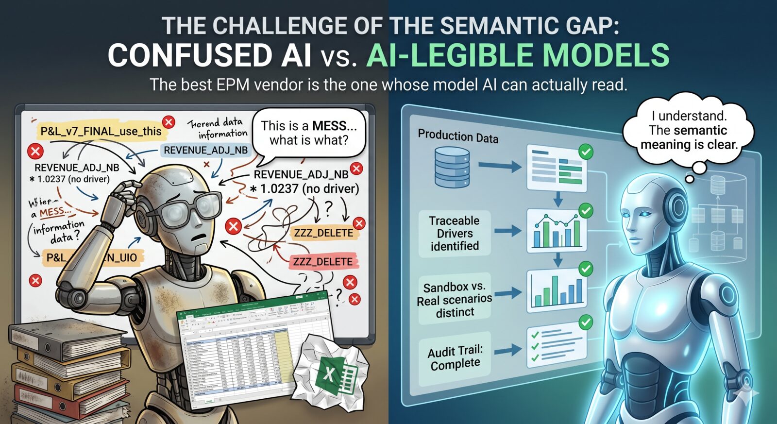 Whose model can the AI actually read? A confused AI facing a messy EPM model versus a clear AI reading an AI-legible one