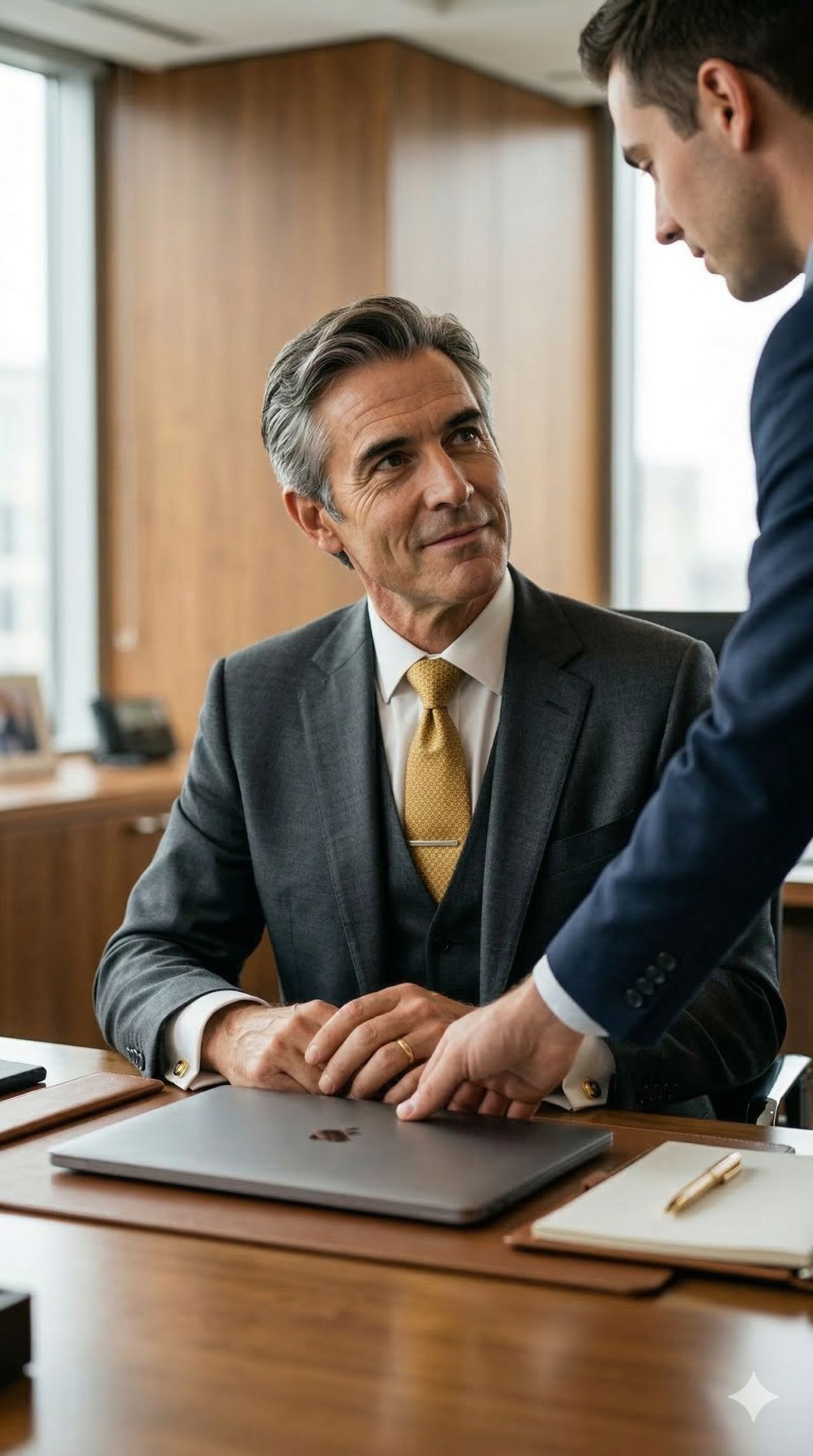The CFO isn't evolving. The toolkit is: a seasoned CFO at his desk as a colleague brings over a laptop