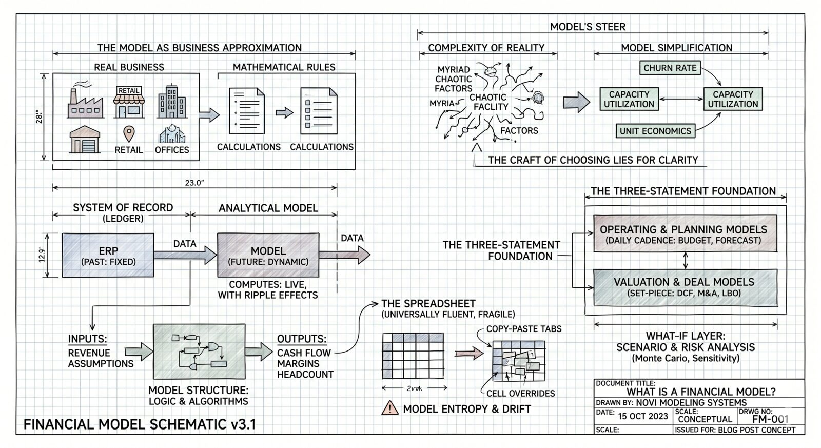 A blueprint-style schematic titled What is a financial model? A real business reduced to mathematical rules, a system of record beside an analytical model, and the three-statement foundation branching into valuation, operating and what-if model families