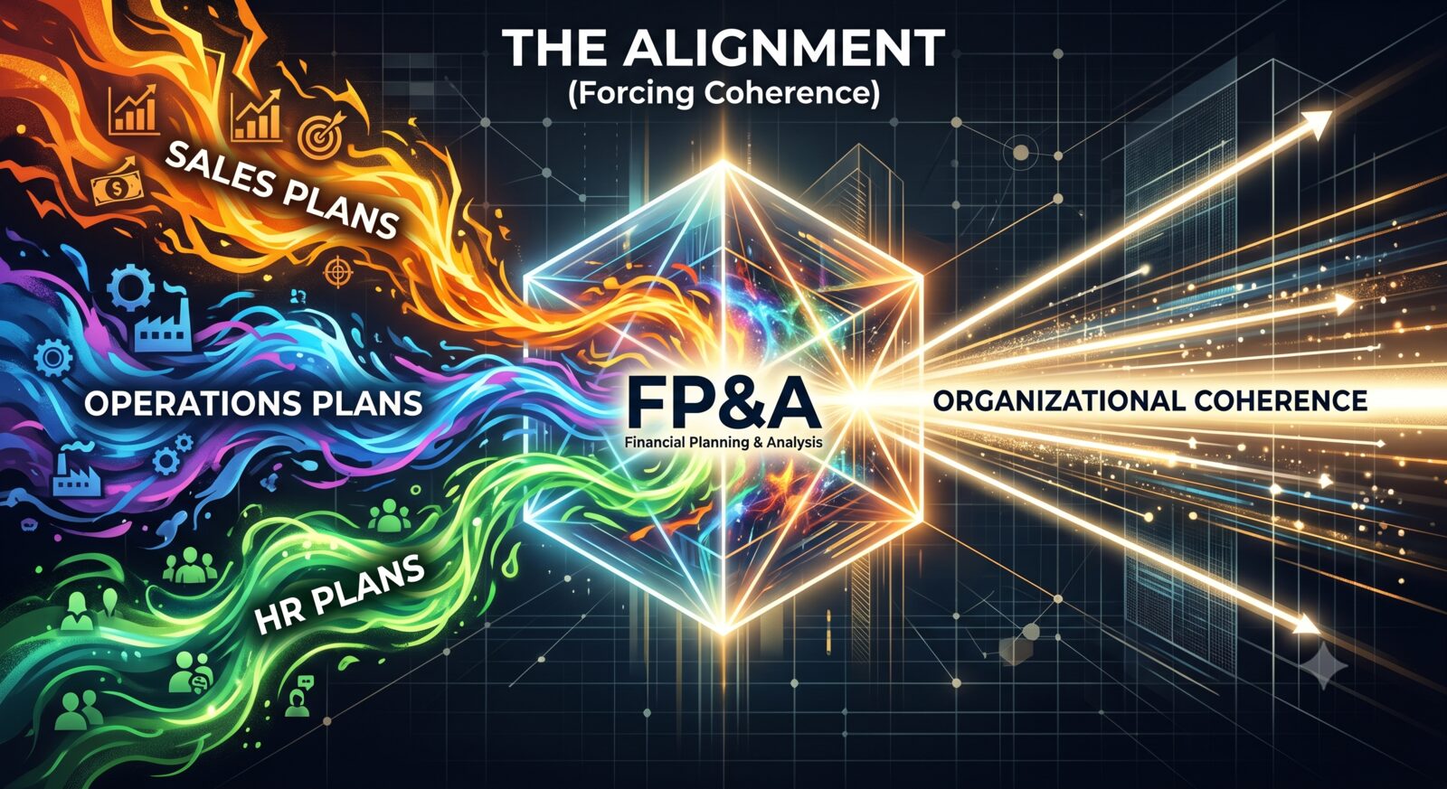 Sales plans, operations plans and HR plans flow as separate coloured streams into an FP&A prism, and leave as a single beam of organisational coherence.