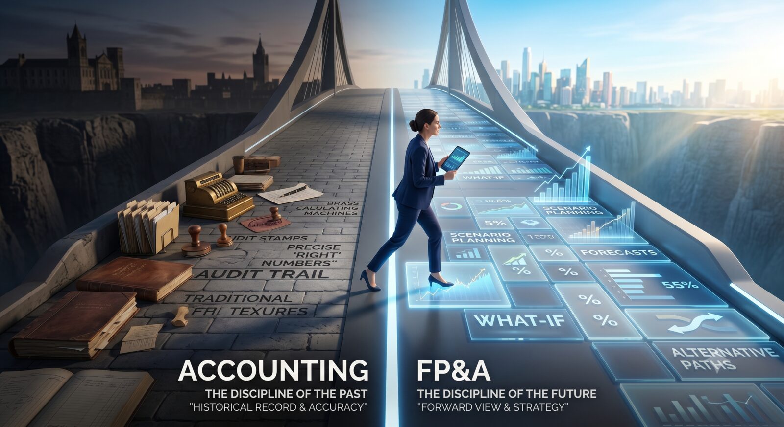 A finance professional steps from a stone road of ledgers, audit trails and rubber stamps onto a glowing bridge of forecasts, what-if tiles and alternative paths: accounting, the discipline of the past; FP&A, the discipline of the future.