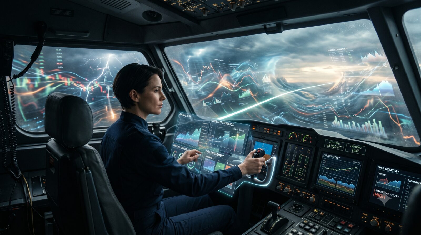 A pilot at the controls of a cockpit, steering through a sky made of charts, forecasts and scenario curves: the pilot's sense of control, not the policeman's.