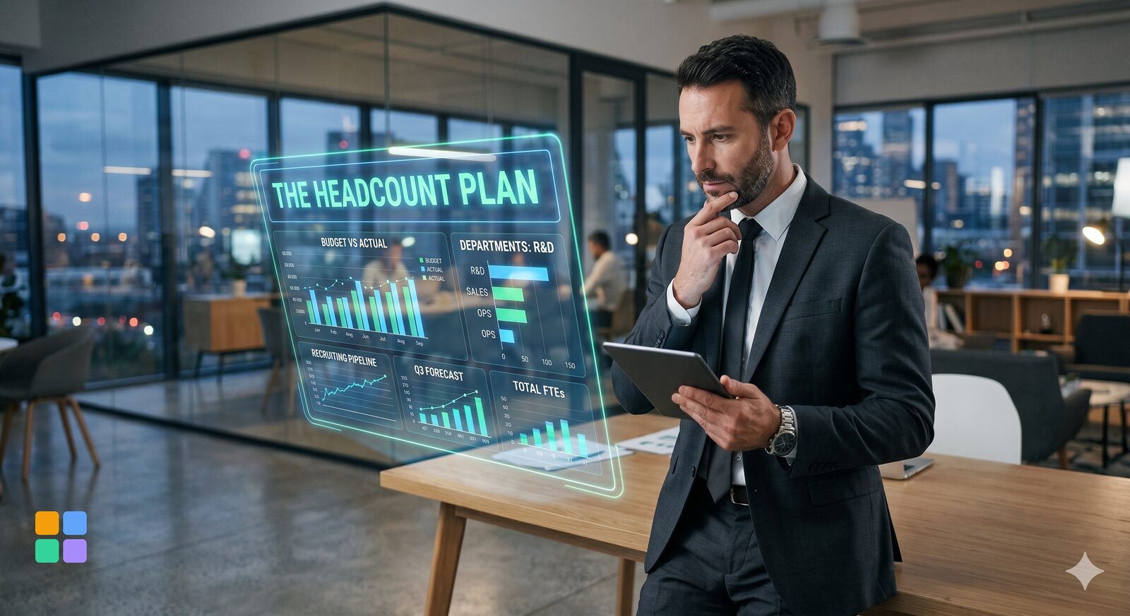 The Headcount Plan: a finance leader in an evening office studies a translucent holographic dashboard headed 'The Headcount Plan', showing budget-vs-actual bars, a departments breakdown, a recruiting pipeline, a Q3 forecast and total FTEs