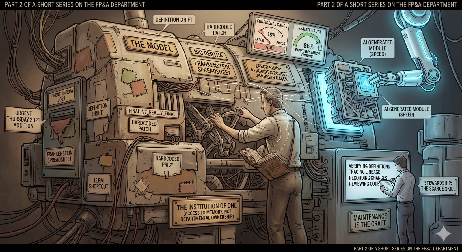 The craft: building models, and keeping them alive. A planning model drawn as a patched Frankenstein machine labelled THE MODEL, tended by one analyst while a robotic arm marked AI bolts on new parts