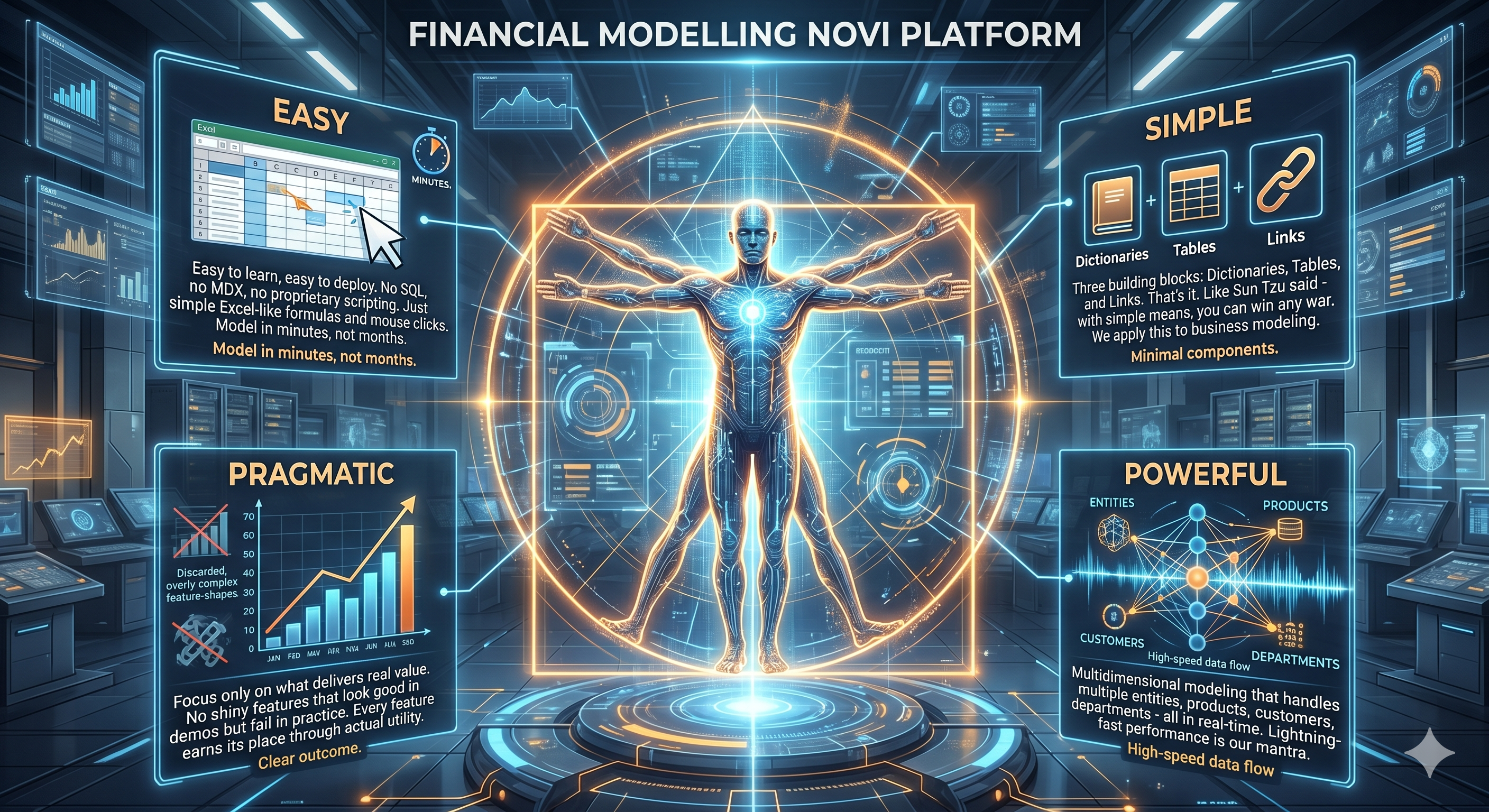 The Novi manifesto: Easy, Simple, Pragmatic, Powerful, around a figure at the centre of a financial modelling platform