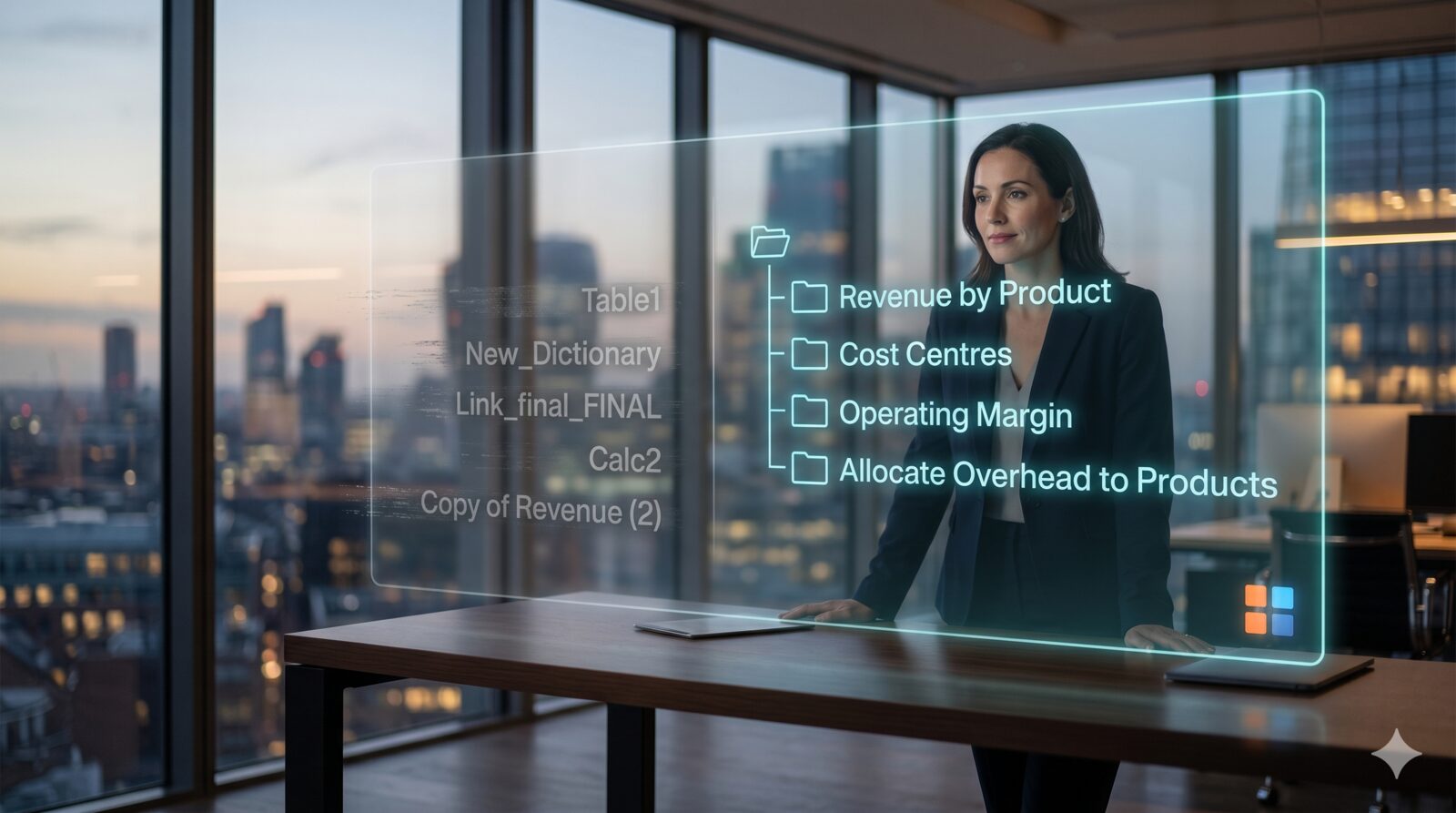 Naming conventions that survive: a holographic model tree where cryptic leftovers like Table1 and Link_final_FINAL resolve into clear plain-language names such as Revenue by Product and Cost Centres