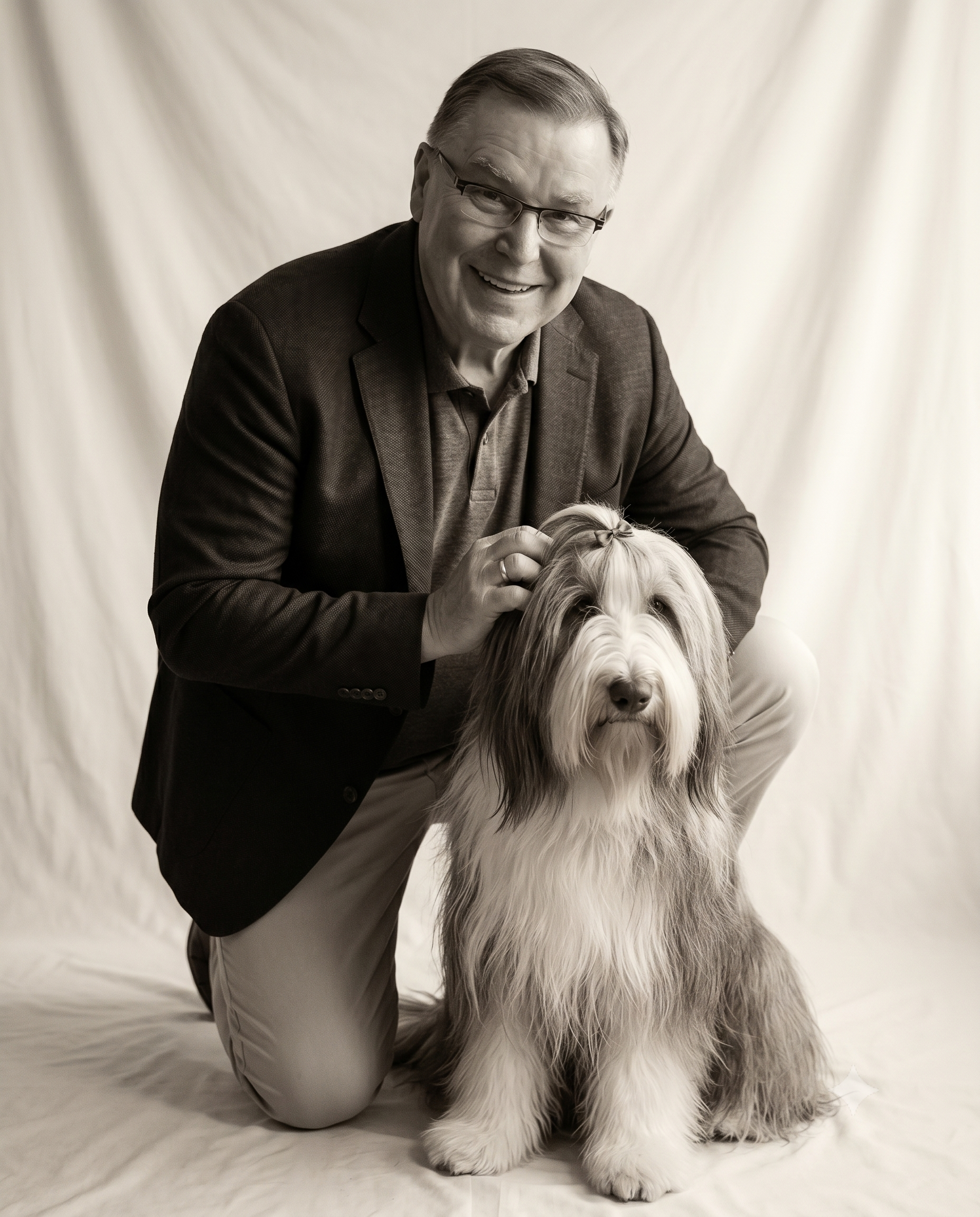Krzysztof Kowal, smiling, kneeling with his dog Fadzio