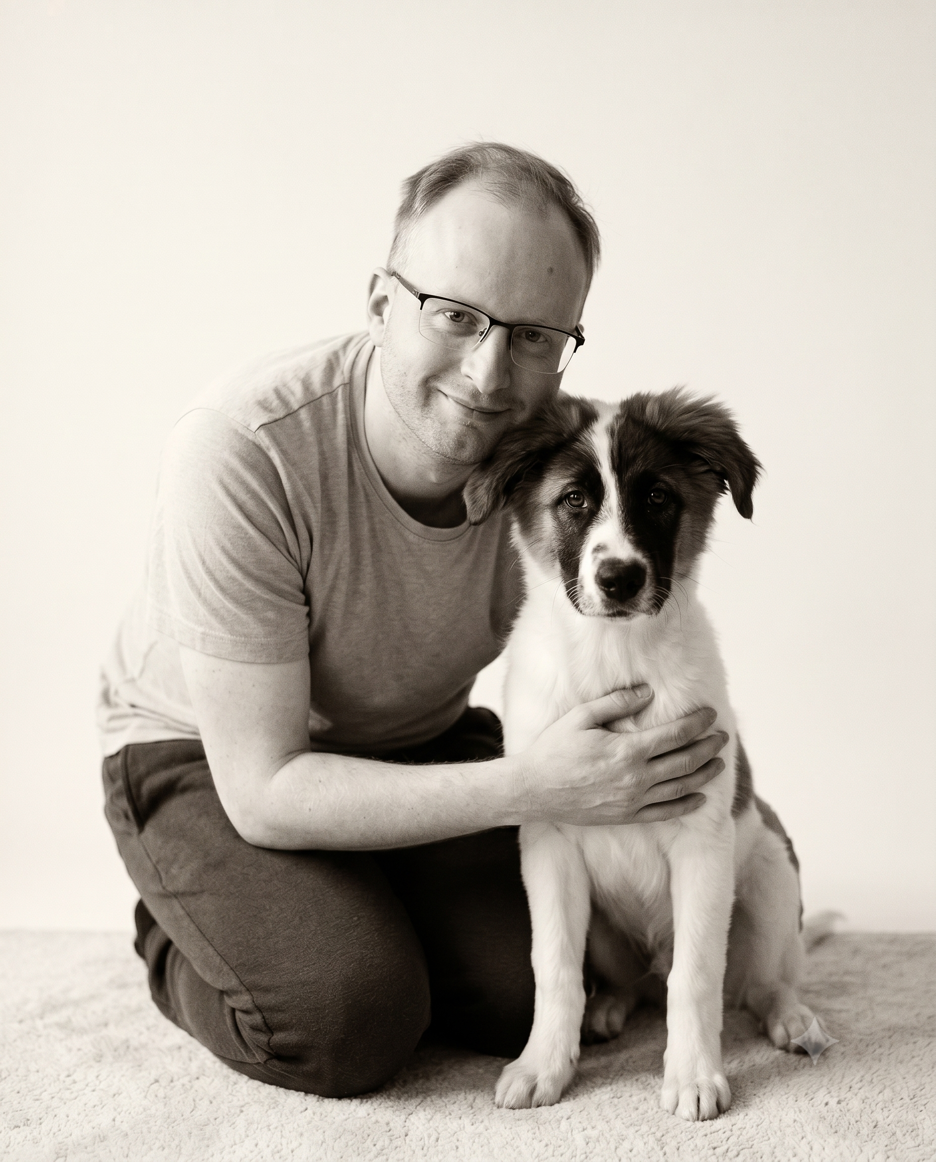 Patryk Kamiński, smiling, kneeling with his dog Jaskier