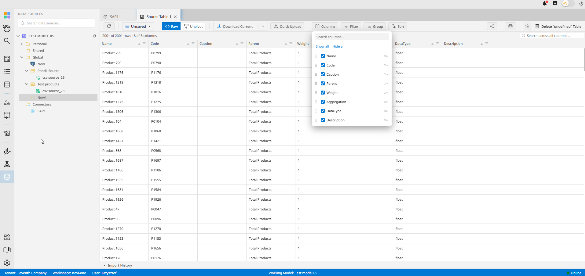 The Novi data sources view: external connections feeding the model with live pass-through.