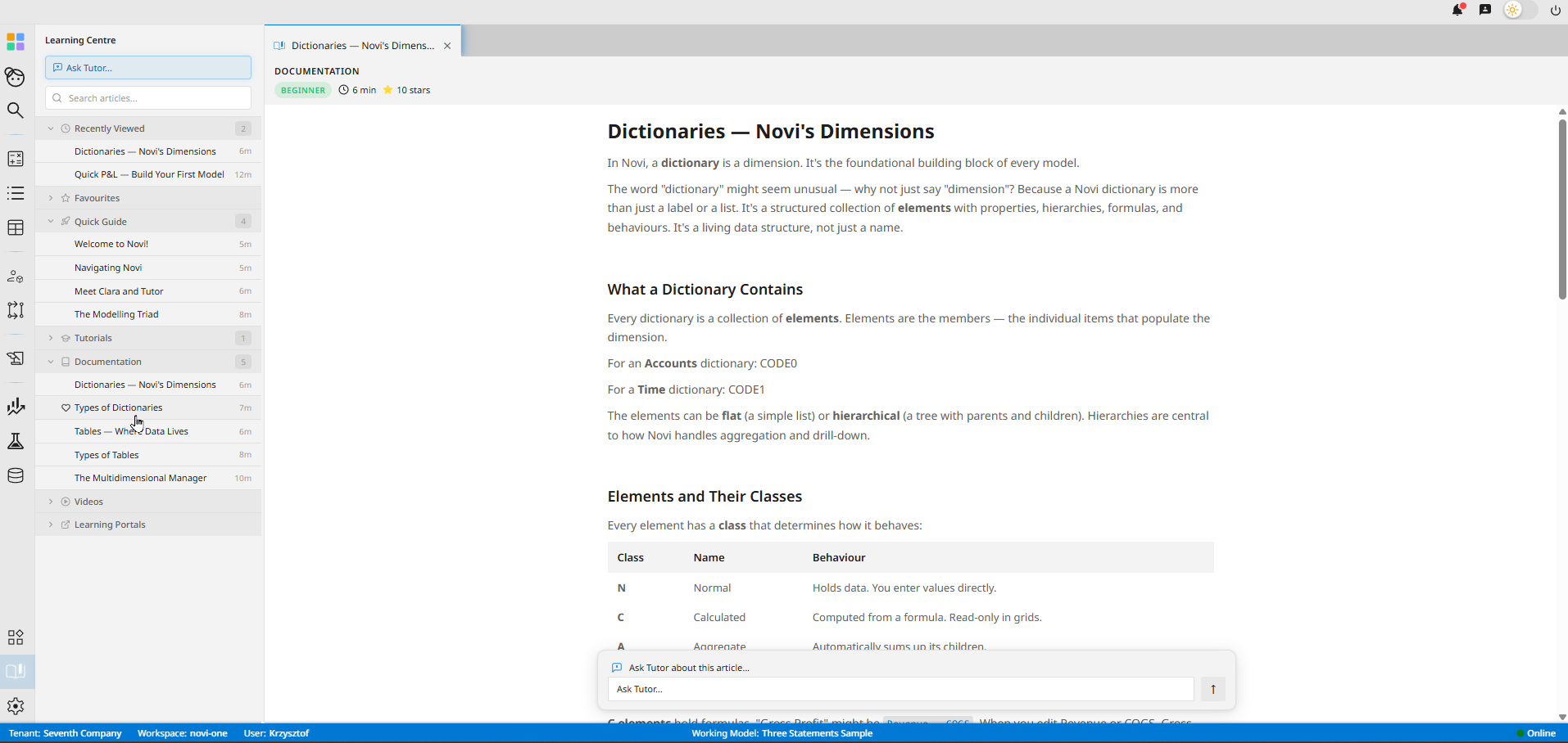 Novi's in-product Learning Centre: a Documentation article, 'Dictionaries: Novi's Dimensions', open in the reading pane; a left rail of Quick Guide, Tutorials and Documentation articles; an 'Ask Tutor' button at the top and an 'Ask Tutor about this article' box at the foot.