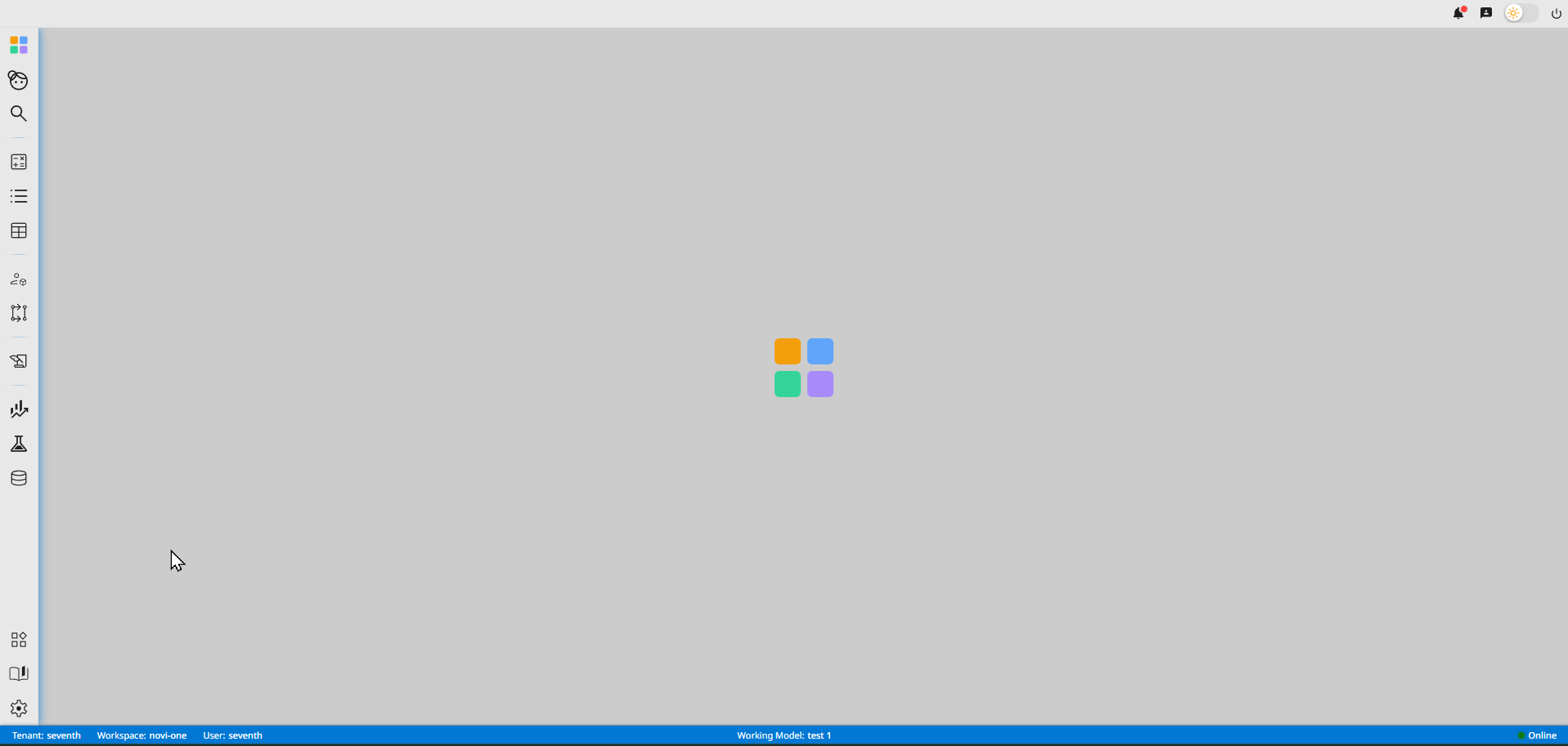 The Novi workspace shell: a vertical Activity Bar of surface icons down the left edge, CLARA chat in the top-right, an open working area, and a status bar showing tenant, workspace and working model.