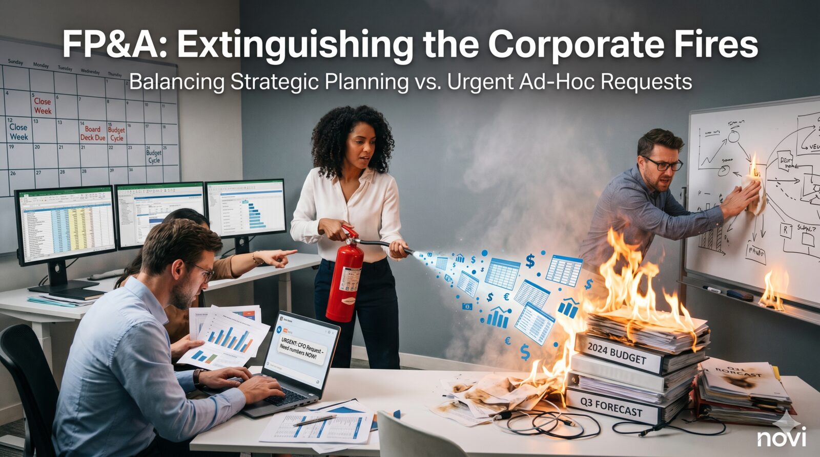 The fire drill always wins. An FP&A office where a stack of binders labelled 2024 Budget and Q3 Forecast burns while a colleague aims a fire extinguisher at the flames: the scheduled planning work going up as the ad-hoc request is fought