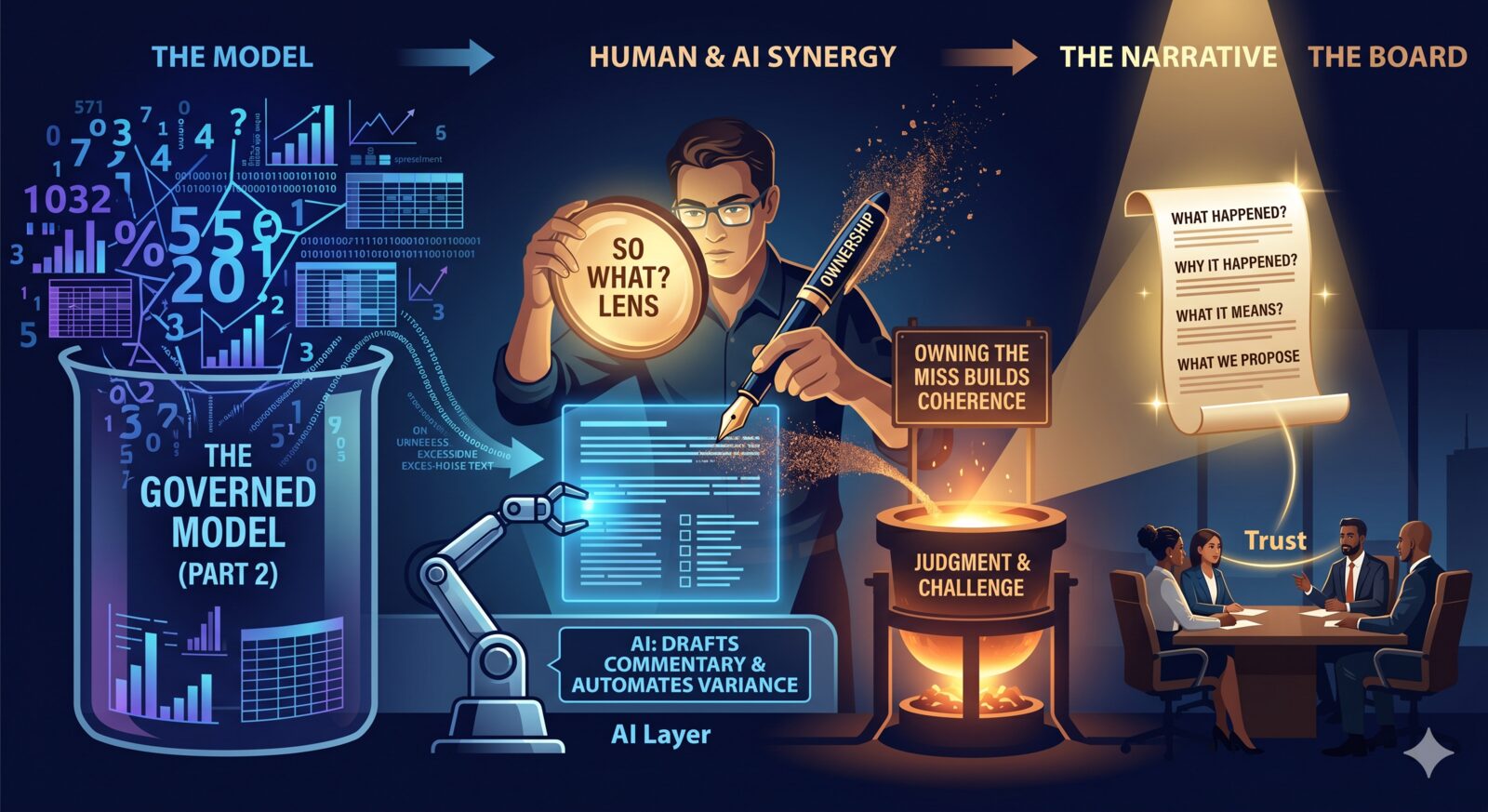 From numbers to narrative: a flow from a beaker of figures (the governed model) through a human-and-AI synergy layer with a So-What lens and an Ownership pen, to a spotlit one-page board pack and a boardroom labelled Trust