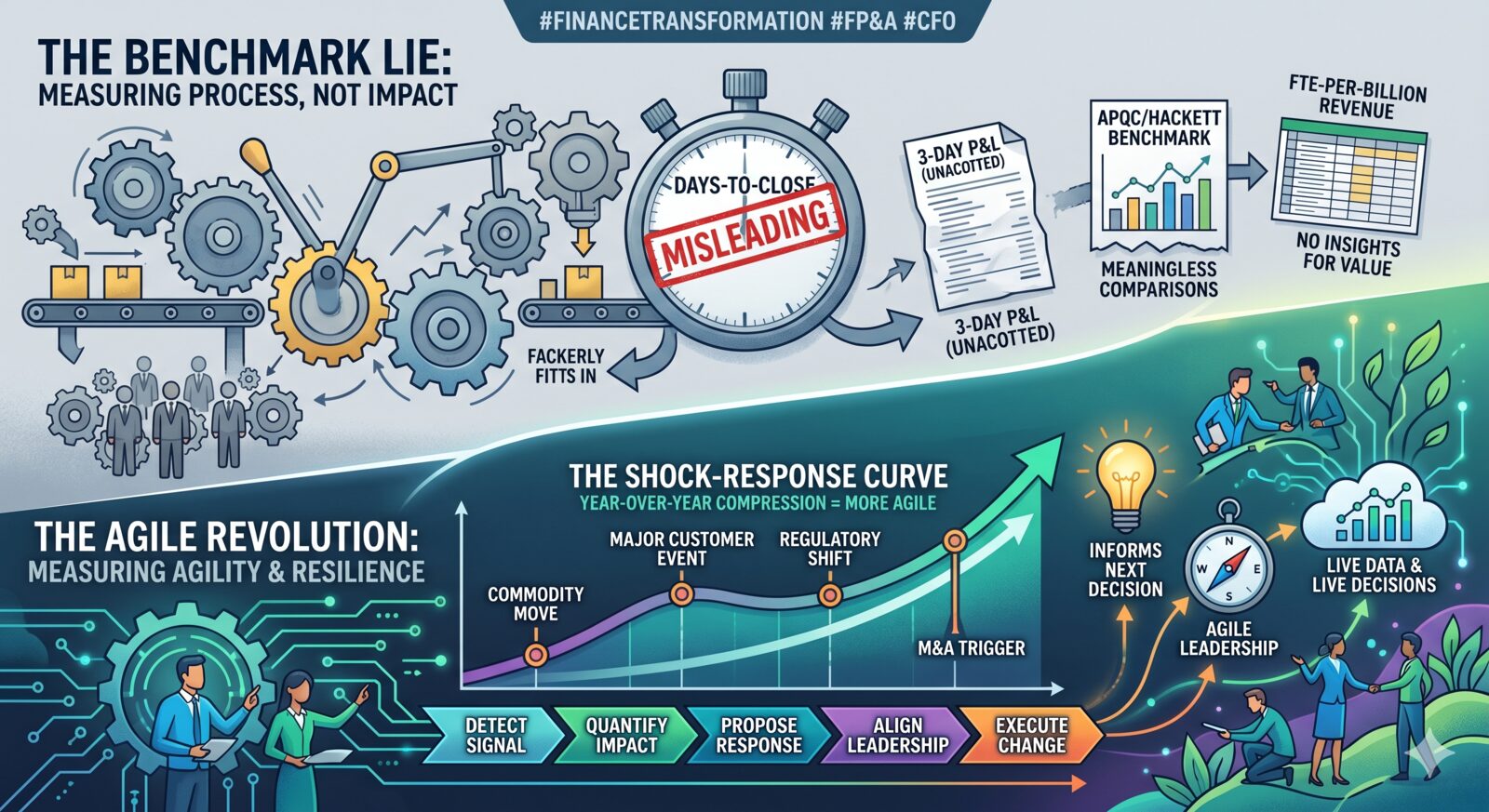 The Benchmark Lie: days-to-close and APQC/Hackett measure process, not impact; the shock-response curve measures real agility