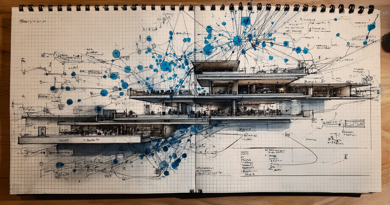 Where the Engine Sits: a hand-drawn cross-section of a company as a layered building, with the analytical engine and its blue network of connections sitting on top of the transaction and process layers