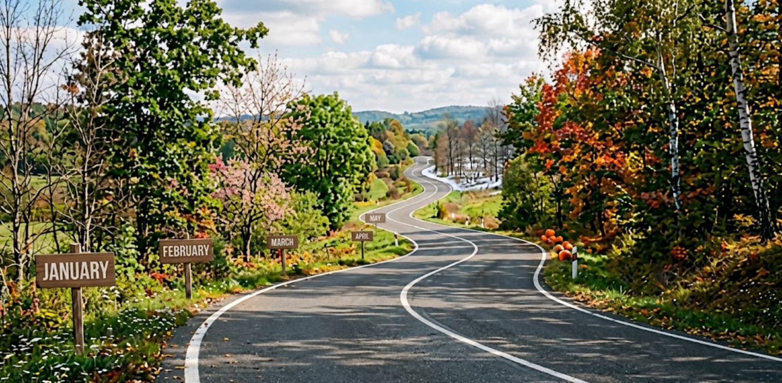 Time is the hardest dimension: a country road winding into the distance with roadside signposts marking the months, January through May, like mileposts, the foliage shifting from spring blossom to autumn colour along the way