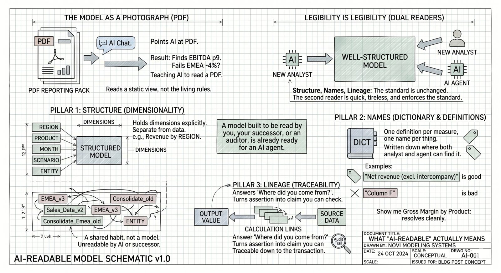 What 'AI-readable' actually means. A hand-drawn schematic of a well-structured model read by both a new analyst and an AI agent, with three pillars: structure, names and lineage