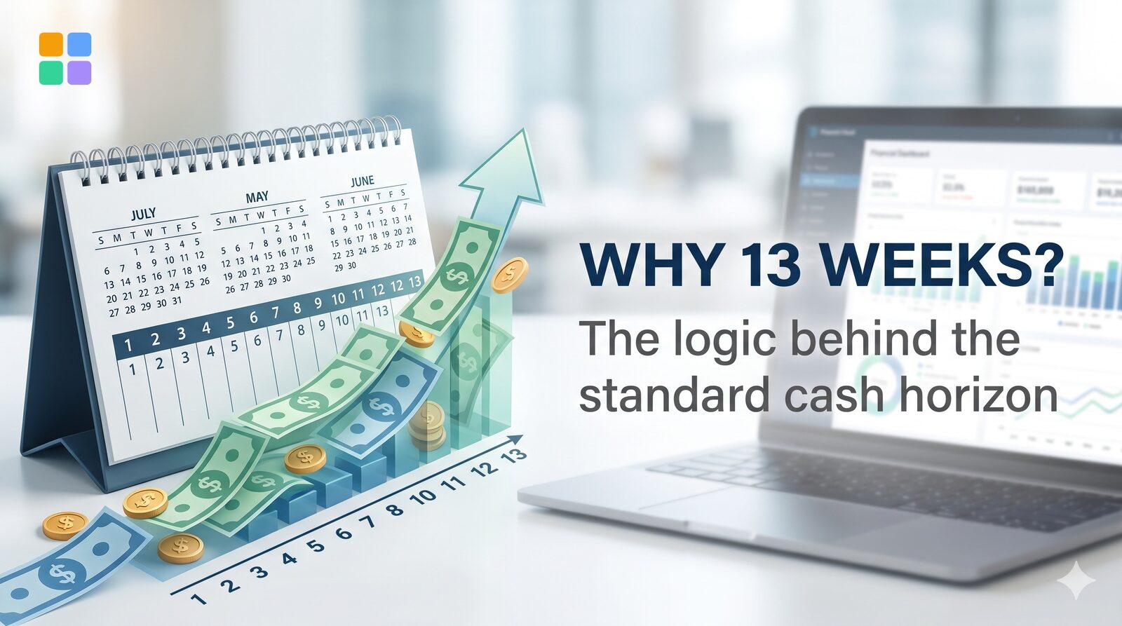 Why 13 weeks? A desk calendar beside a rising bar chart made of banknotes and coins climbing toward week 13, with a laptop dashboard behind, captioned 'the logic behind the standard cash horizon'
