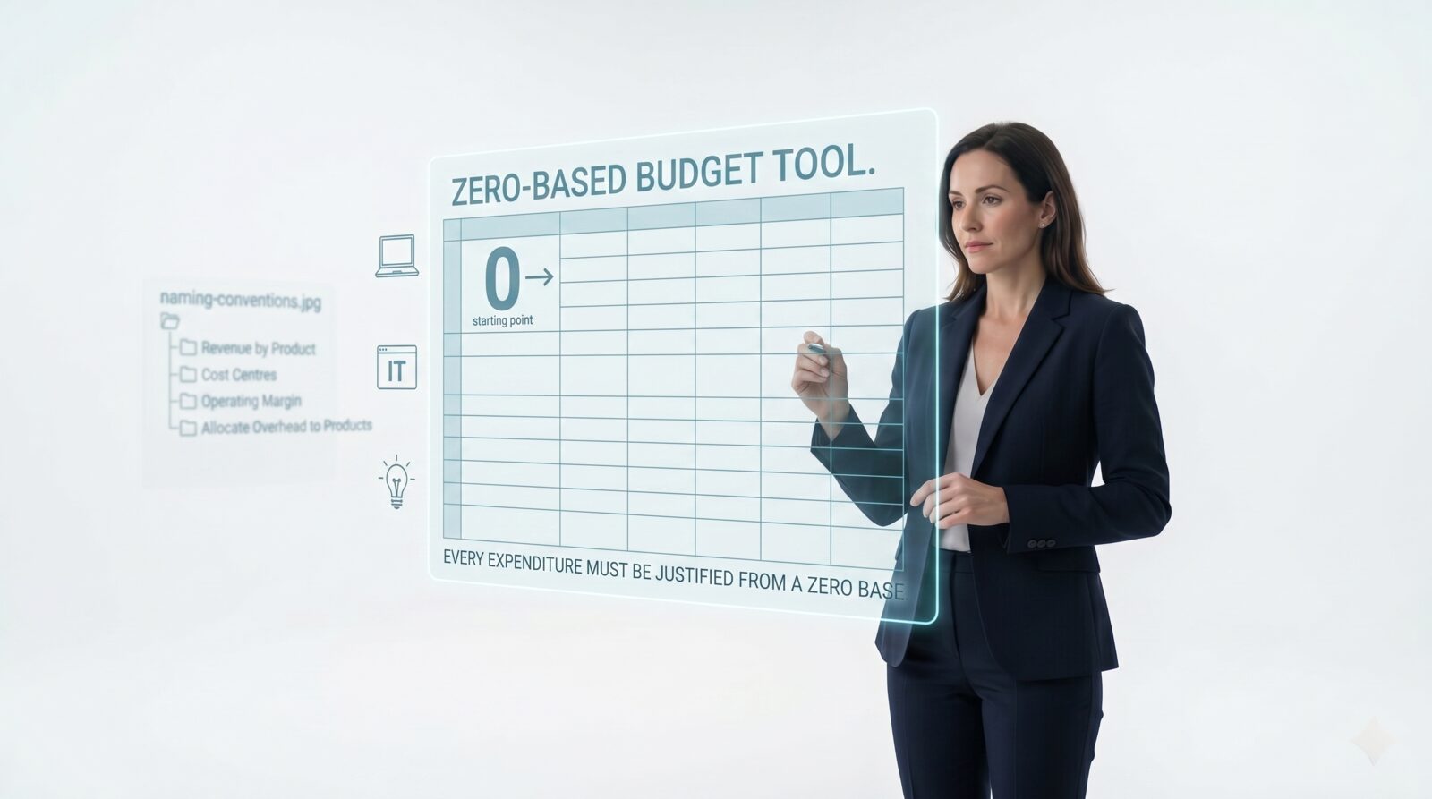 Zero-based budgeting: a finance leader sketches an empty budget grid on a glass panel, starting from a single zero, captioned 'every expenditure must be justified from a zero base'